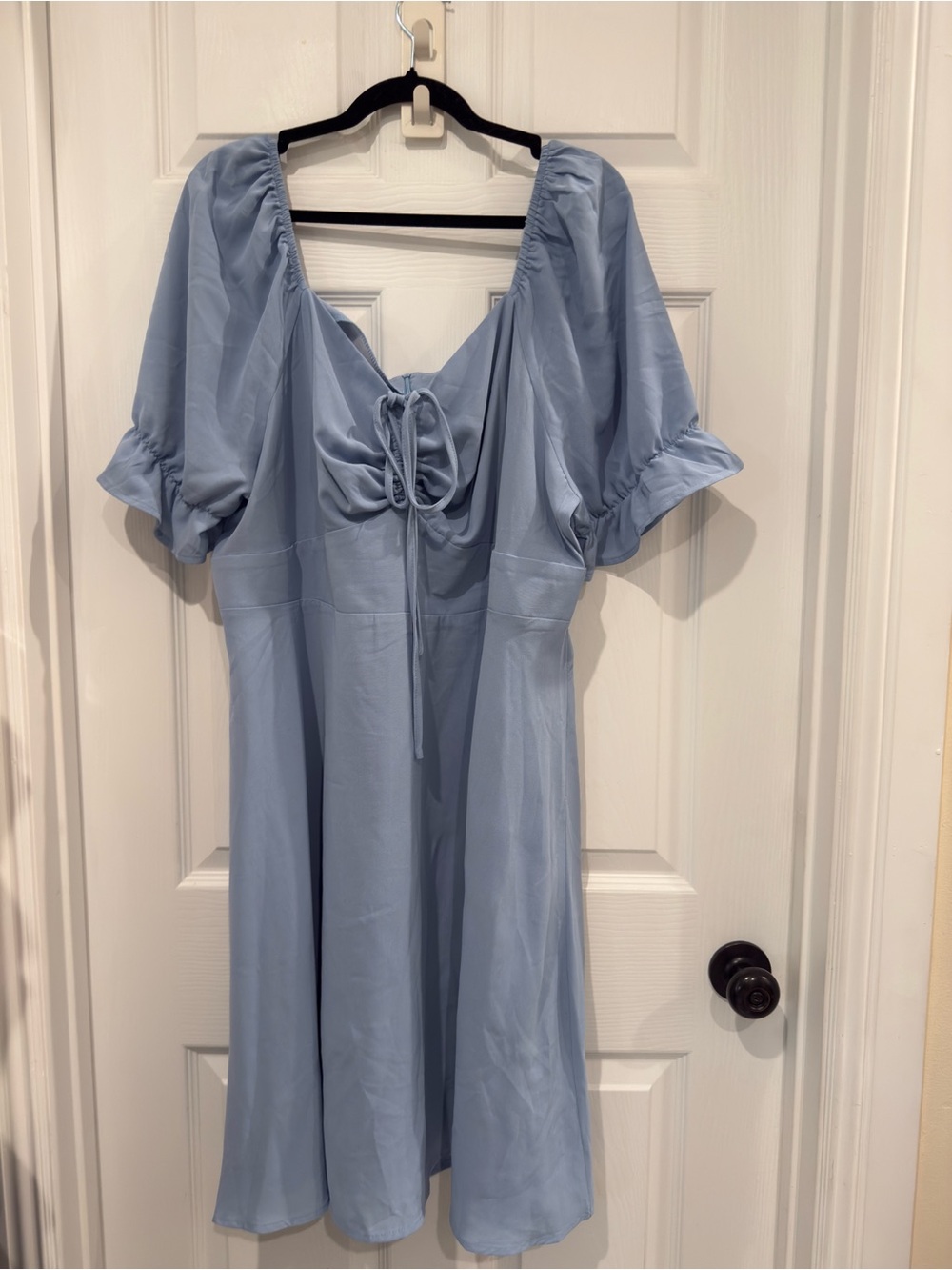 Pale Blue Ruched Bust Puff Sleeve Knee Length Dress Romantic Cottagecore